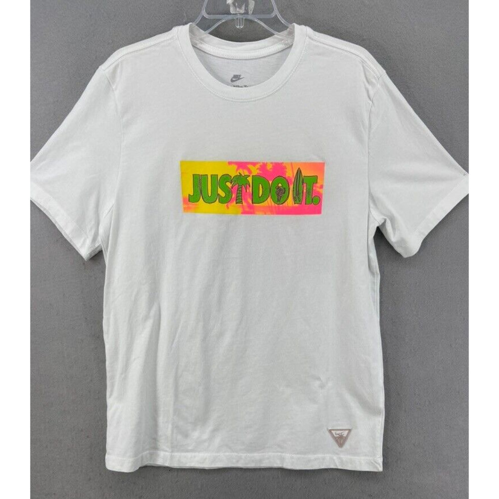 Nike Tee Shirt Sz L Tropical White Pink Just Do It Hawaiian LA Palm Tree Surf